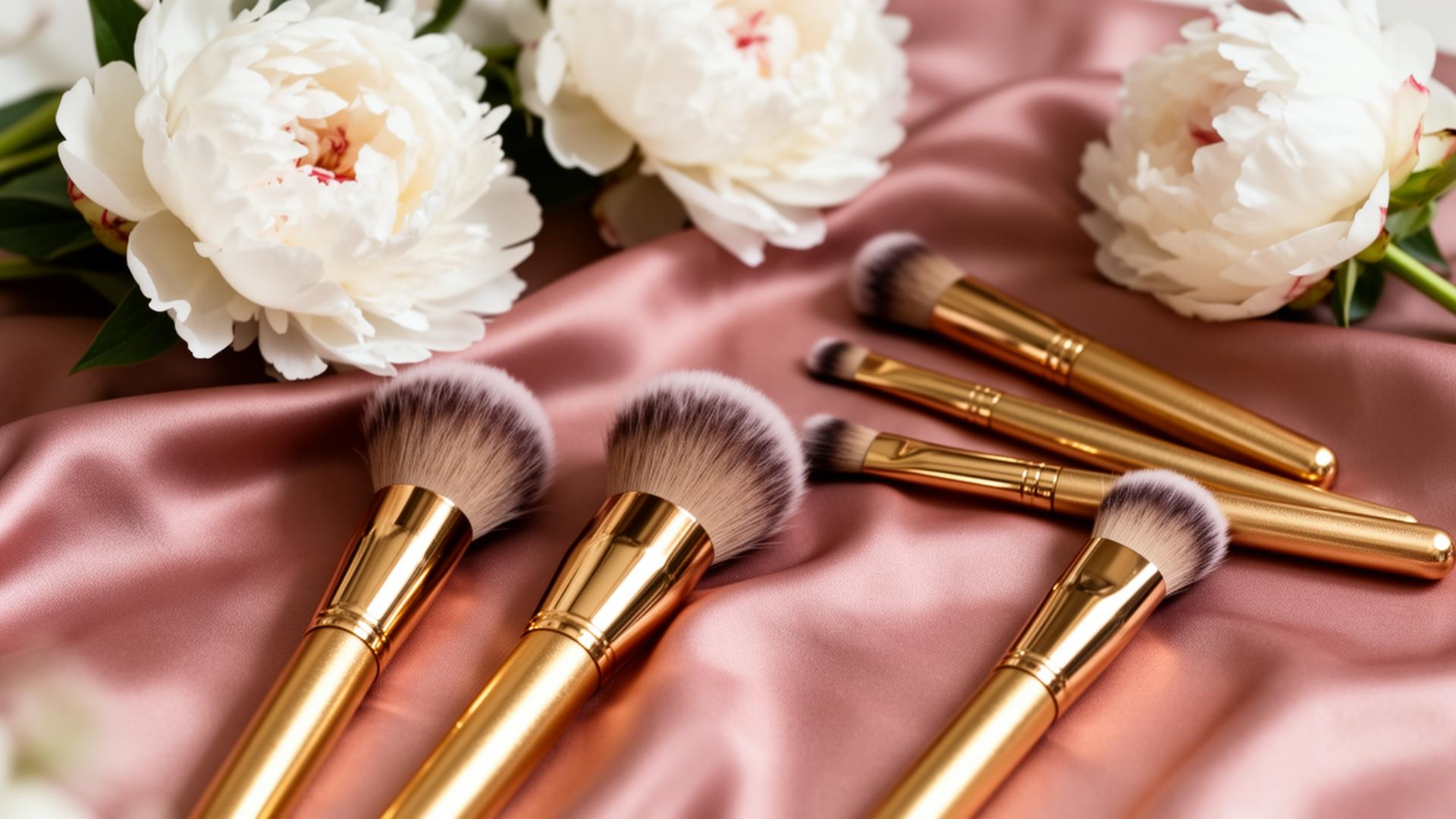 Pinceaux de maquillage dorés et pivoines blanches